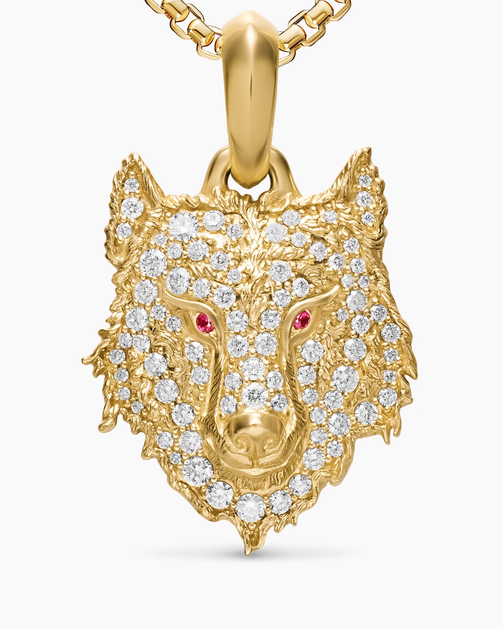 Mens Petrvs® Wolf Amulet in 18K Yellow Gold with Rubies and Diamonds, 26mm