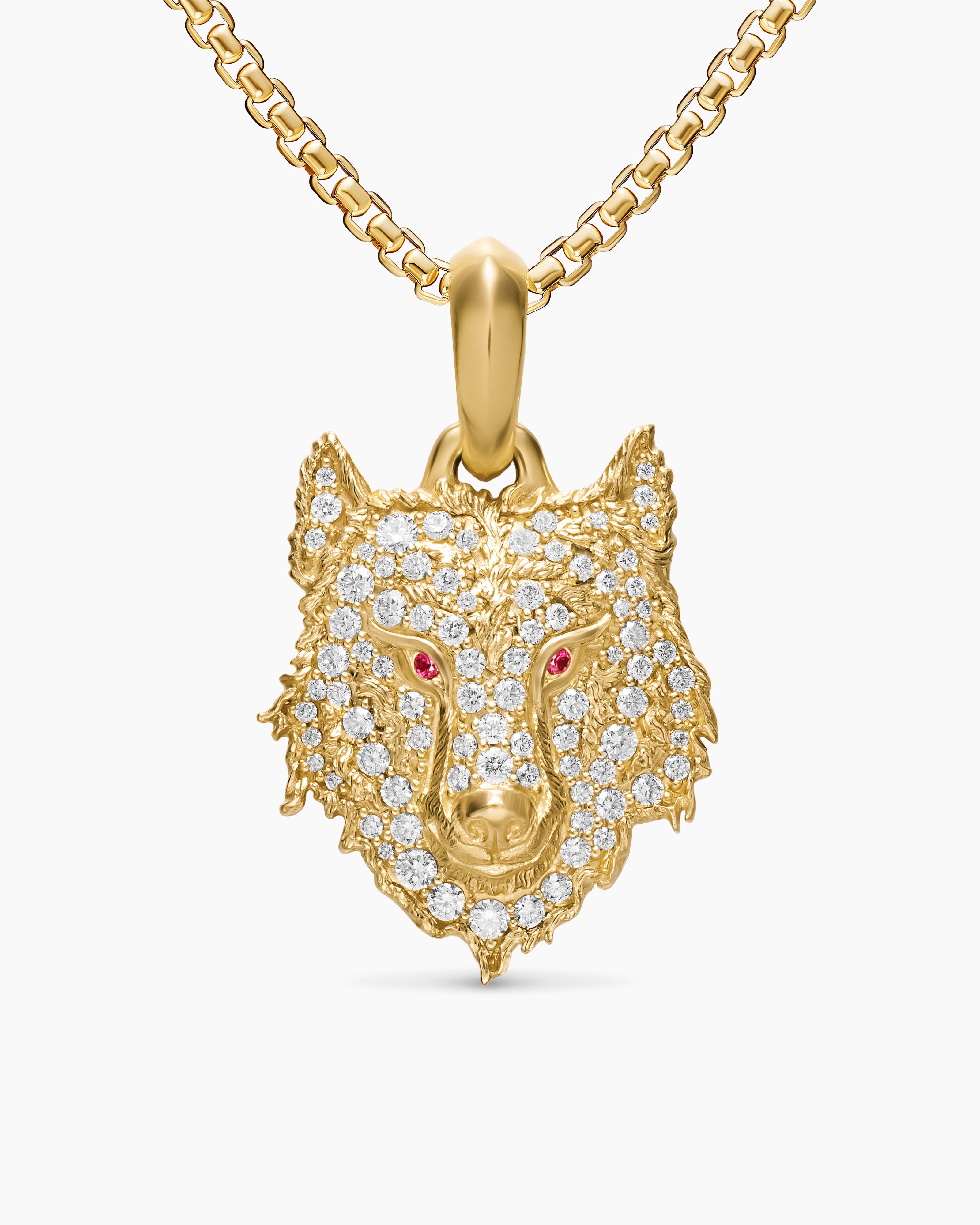 Mens Petrvs&reg; Wolf Amulet in 18K Yellow Gold with Rubies and Diamonds, 26mm