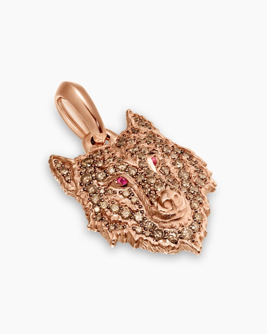 Petrvs® Wolf Amulet in 18K Rose Gold with Rubies and Cognac Diamonds, 26mm