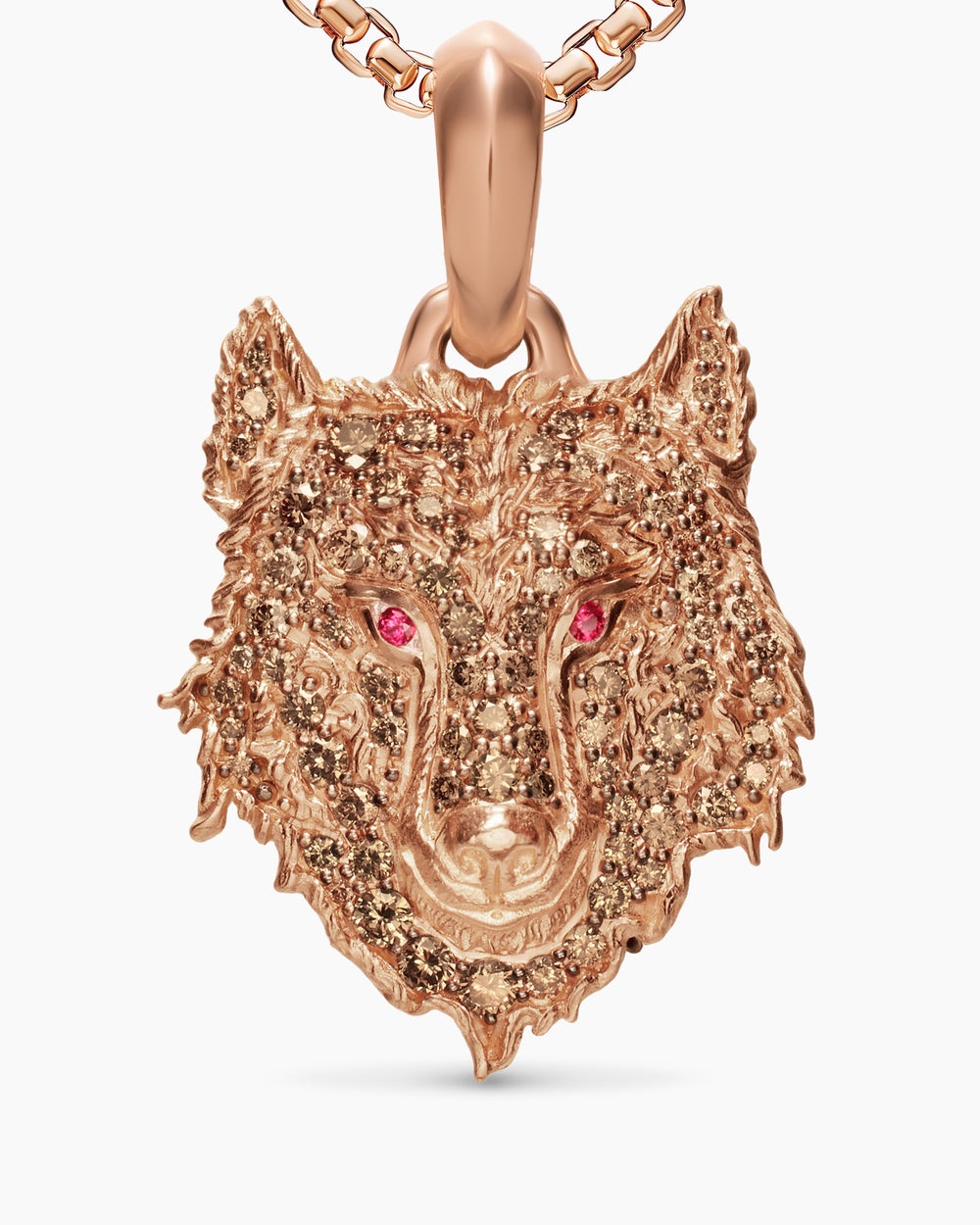 Mens Petrvs® Wolf Amulet in 18K Rose Gold with Rubies and Cognac Diamonds, 26mm