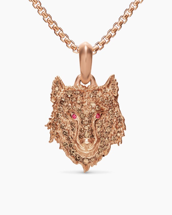 Petrvs® Wolf Amulet in 18K Rose Gold with Rubies and Cognac Diamonds, 26mm