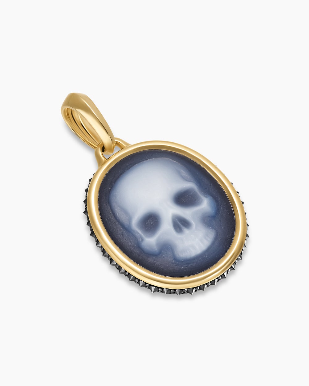 Mens Memento Mori Skull Amulet in 18K Yellow Gold with Banded Agate and Black Diamonds, 24mm