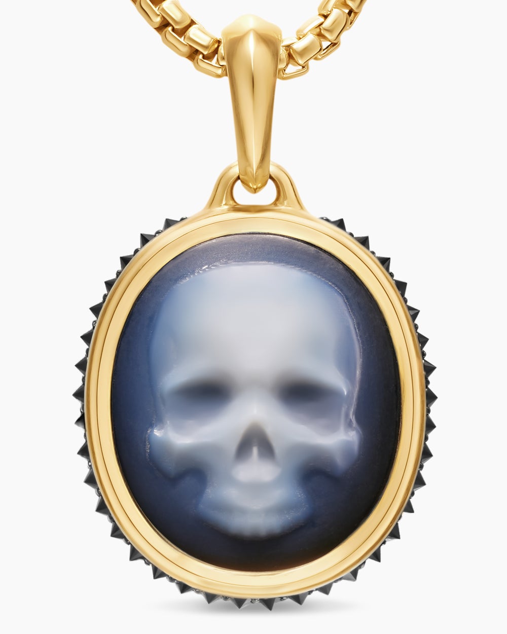 Mens Memento Mori Skull Amulet in 18K Yellow Gold with Banded Agate and Black Diamonds, 24mm