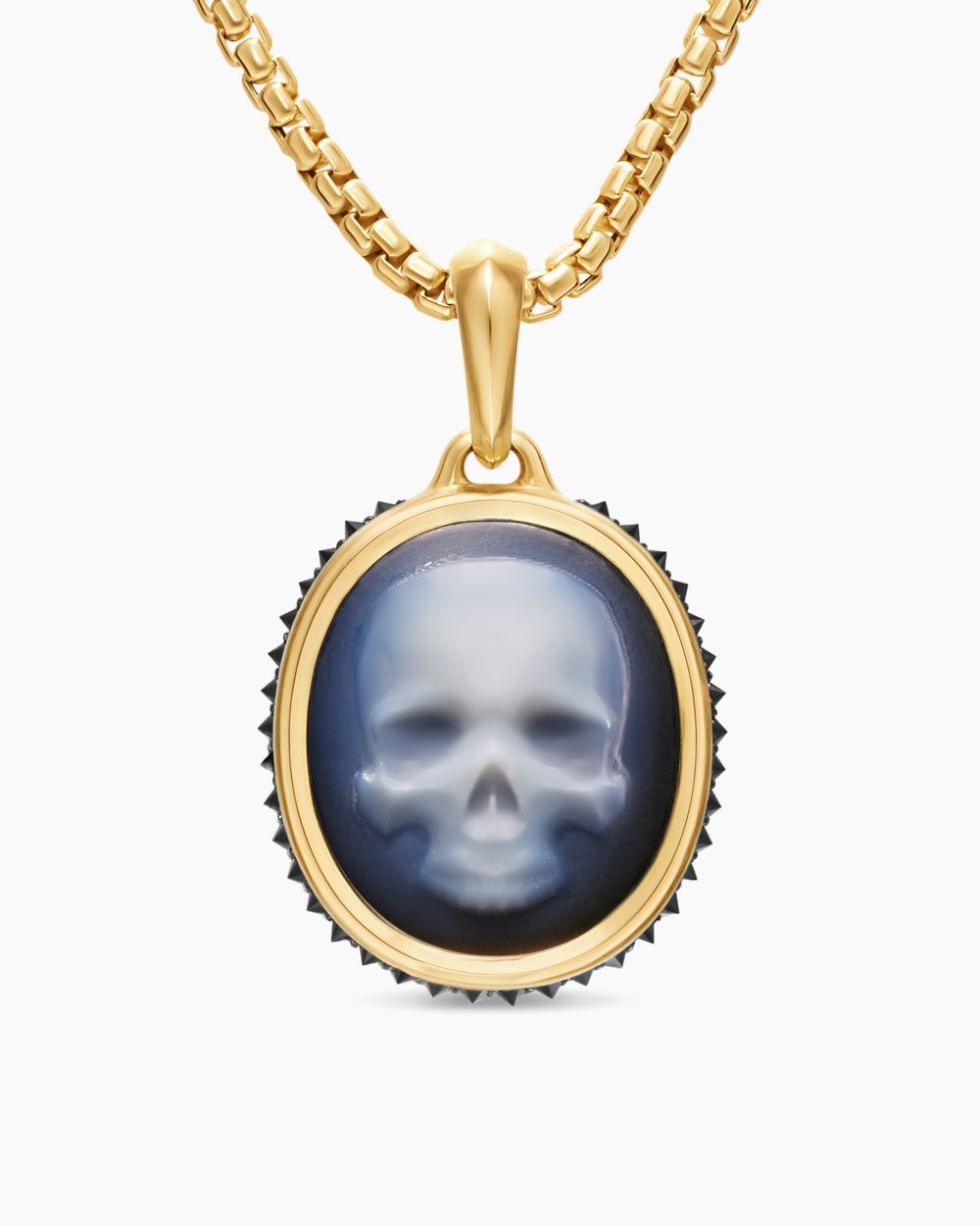 Mens Memento Mori Skull Amulet in 18K Yellow Gold with Banded Agate and Black Diamonds, 24mm