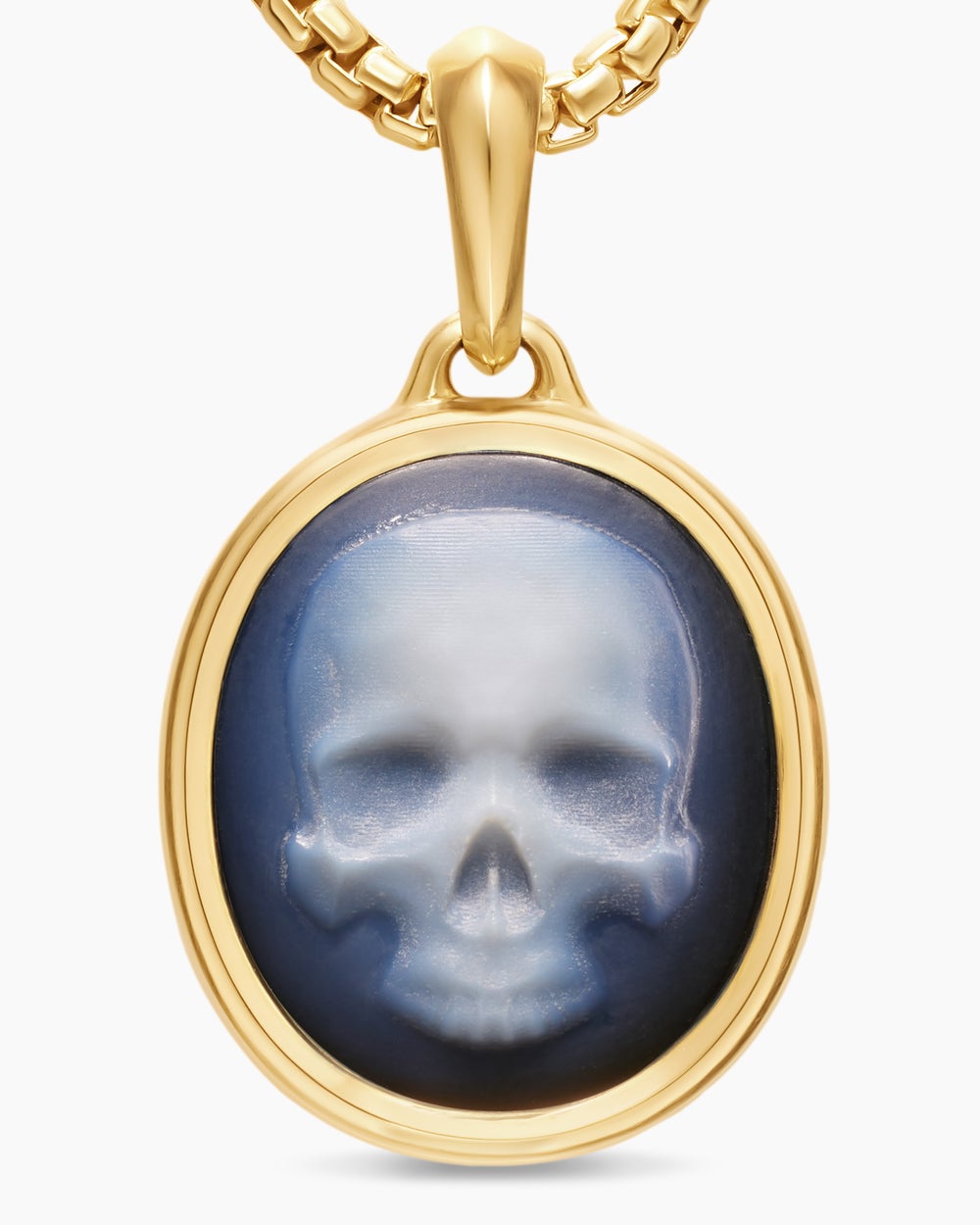 Mens Memento Mori Skull Amulet in 18K Yellow Gold with Banded Agate, 24mm