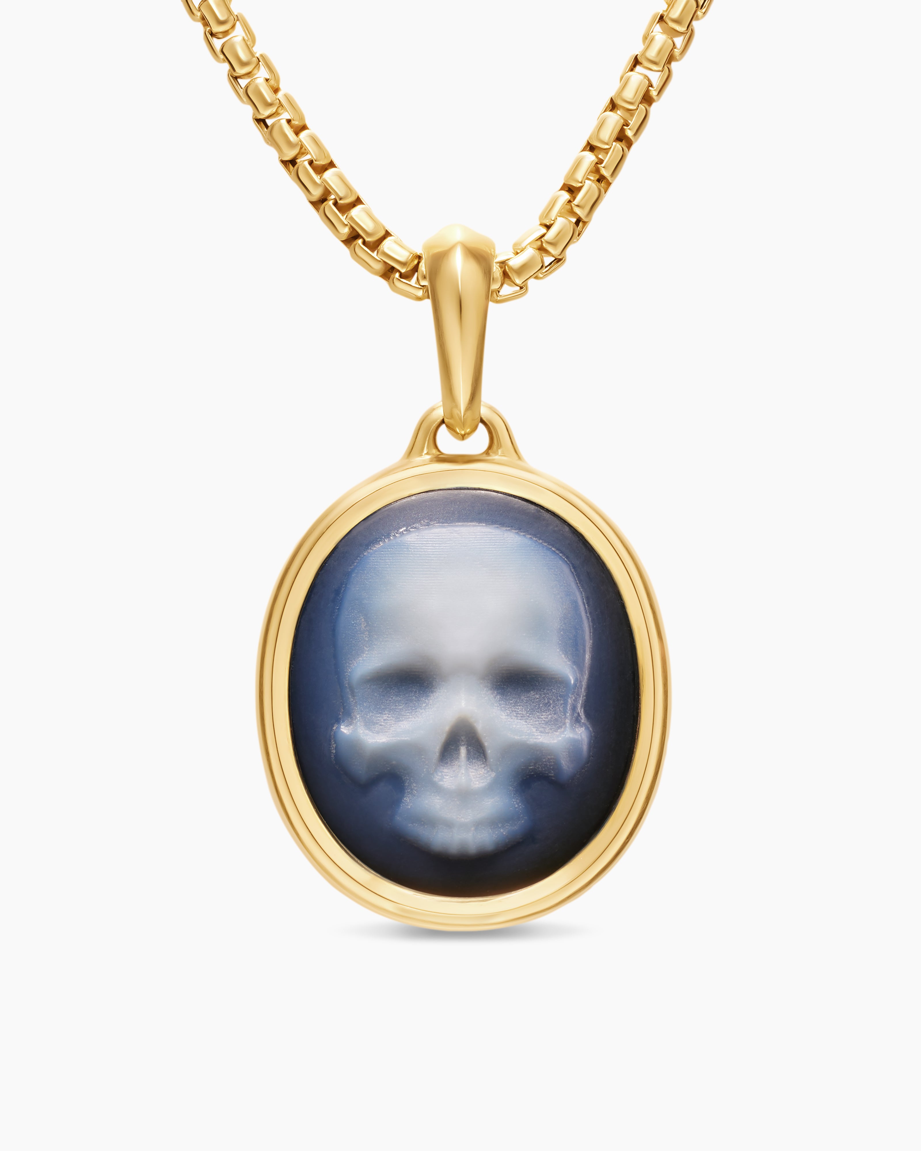 Mens Memento Mori Skull Amulet in 18K Yellow Gold with Banded Agate, 24mm