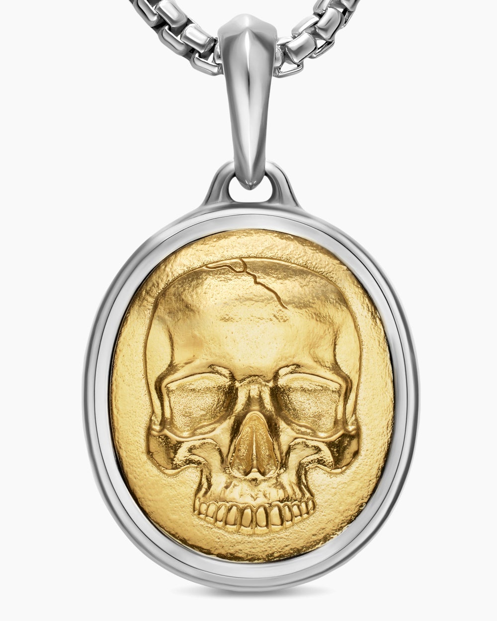 Mens Memento Mori Skull Amulet in Sterling Silver with 14K Yellow Gold, 24mm