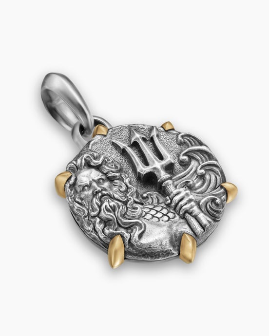 Poseidon Amulet in Sterling Silver with 18K Yellow Gold, 26.4mm