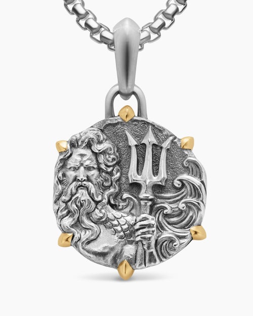 Mens Poseidon Amulet in Sterling Silver with 18K Yellow Gold, 26.4mm
