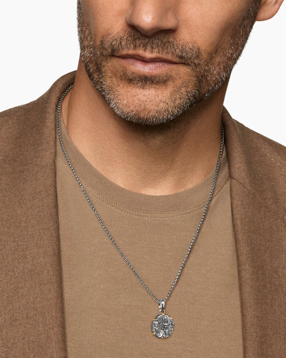 Mens Poseidon Amulet in Sterling Silver with 18K Yellow Gold, 26.4mm