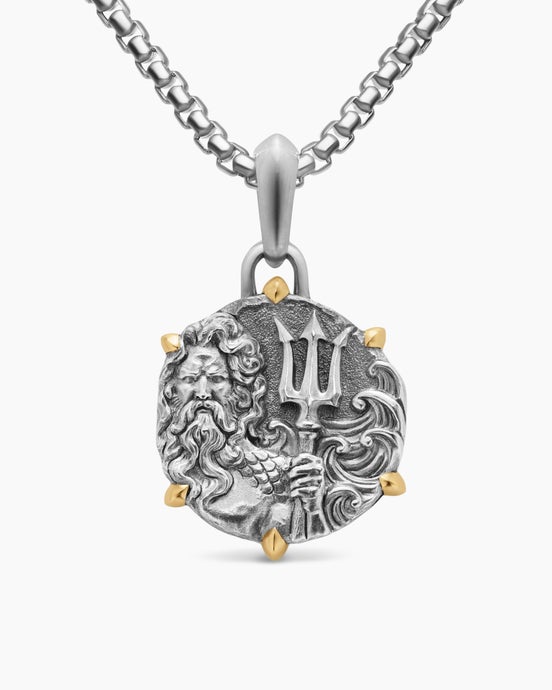 Poseidon Amulet in Sterling Silver with 18K Yellow Gold, 26.4mm