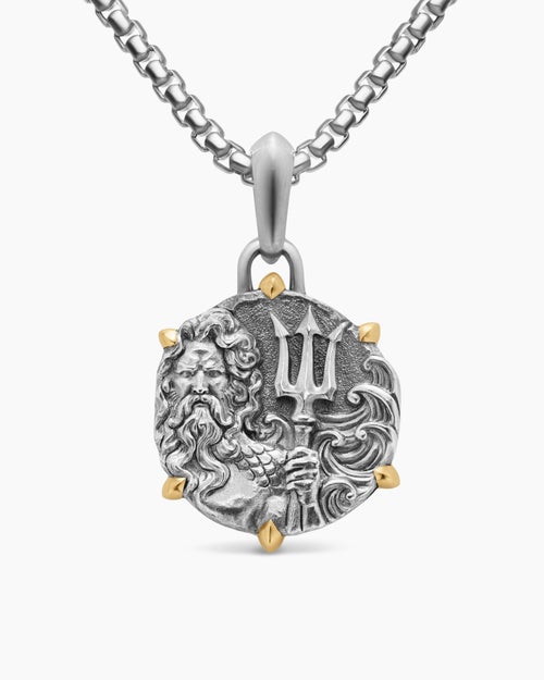 Mens Poseidon Amulet in Sterling Silver with 18K Yellow Gold, 26.4mm