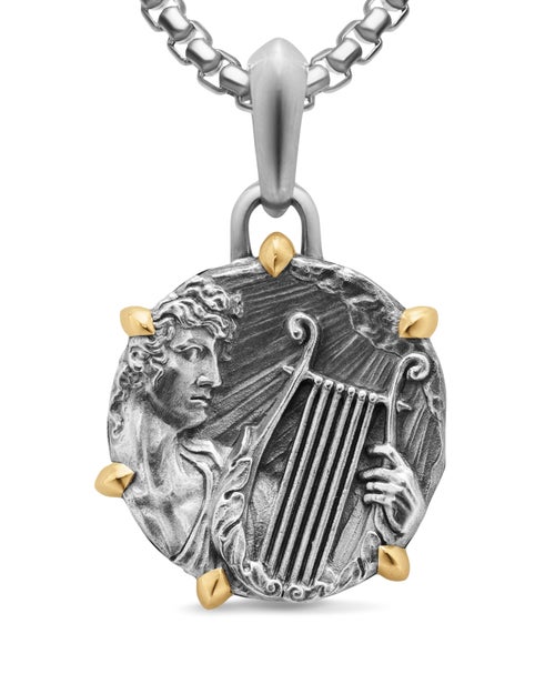 Mens Apollo Amulet in Sterling Silver with 18K Yellow Gold, 26.4mm