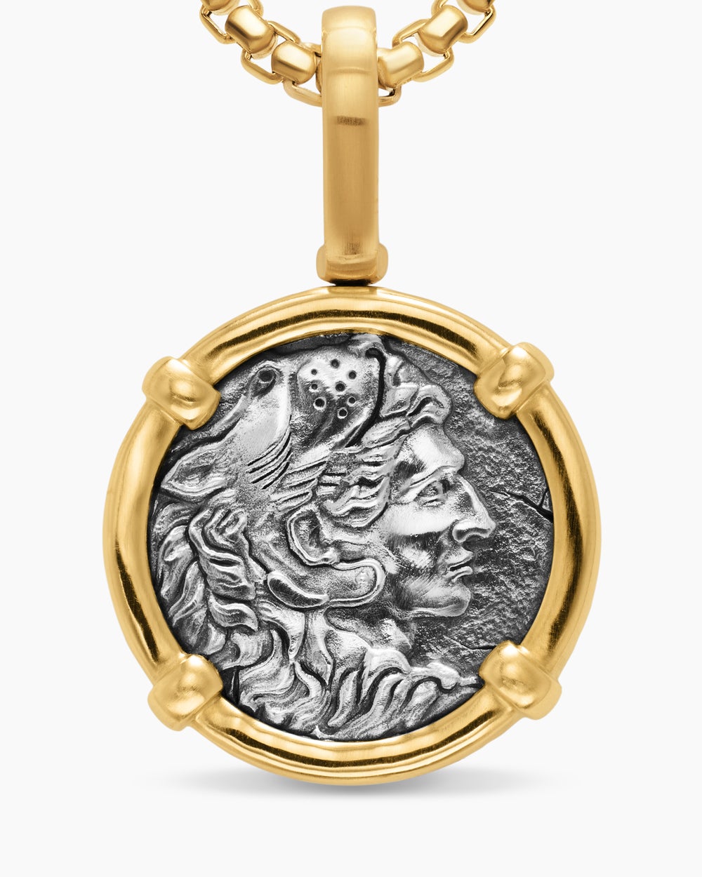 Mens Alexander the Great Amulet in Sterling Silver with 18K Yellow Gold, 20.5mm