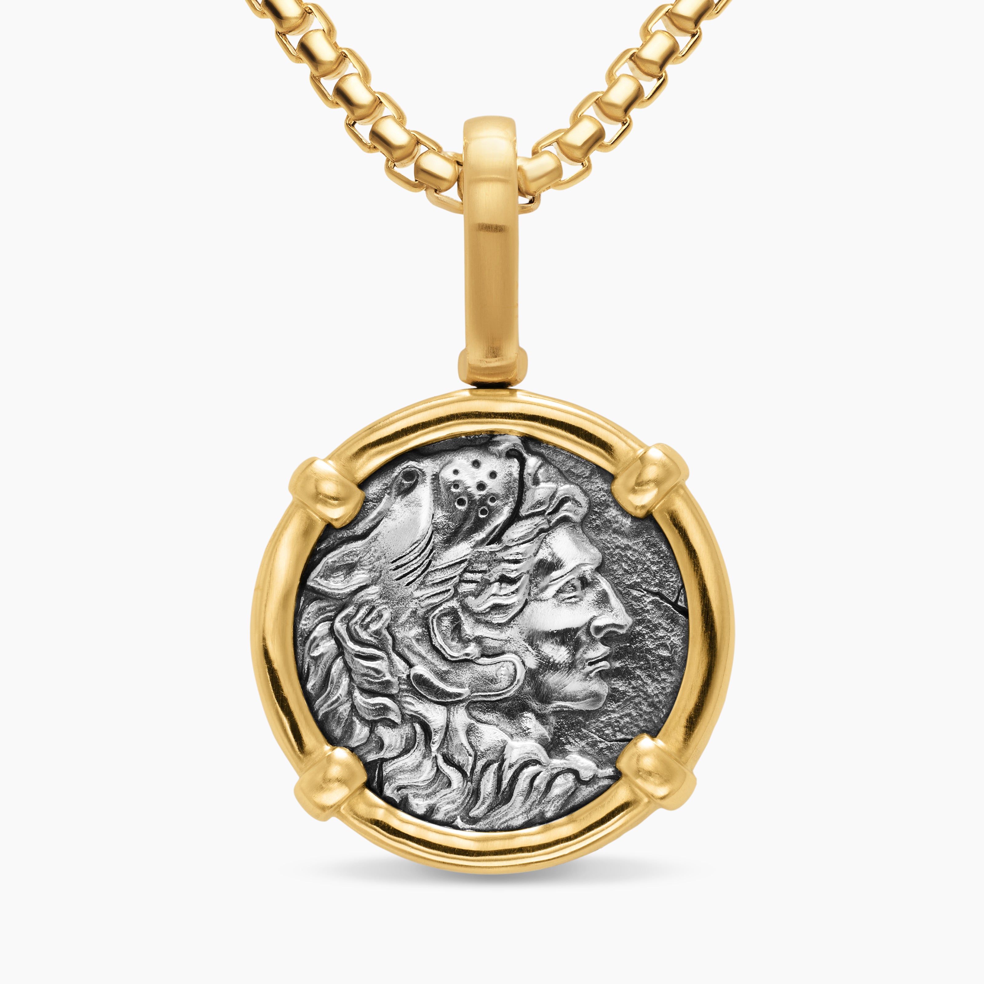 Mens Alexander the Great Amulet in Sterling Silver with 18K Yellow Gold, 20.5mm