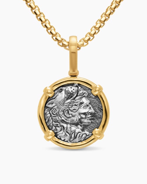 Mens Alexander the Great Amulet in Sterling Silver with 18K Yellow Gold, 20.5mm