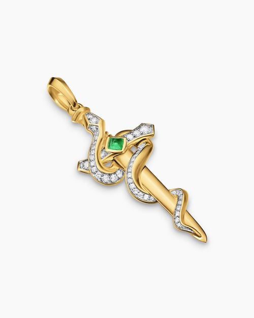 Mens Ouroboros Snake Amulet in 18K Yellow Gold with Emerald and Diamonds, 48mm