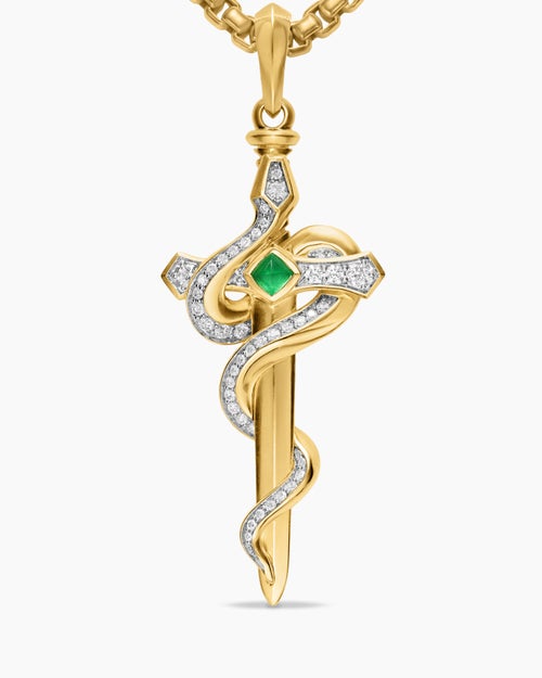 Mens Ouroboros Snake Amulet in 18K Yellow Gold with Emerald and Diamonds, 48mm
