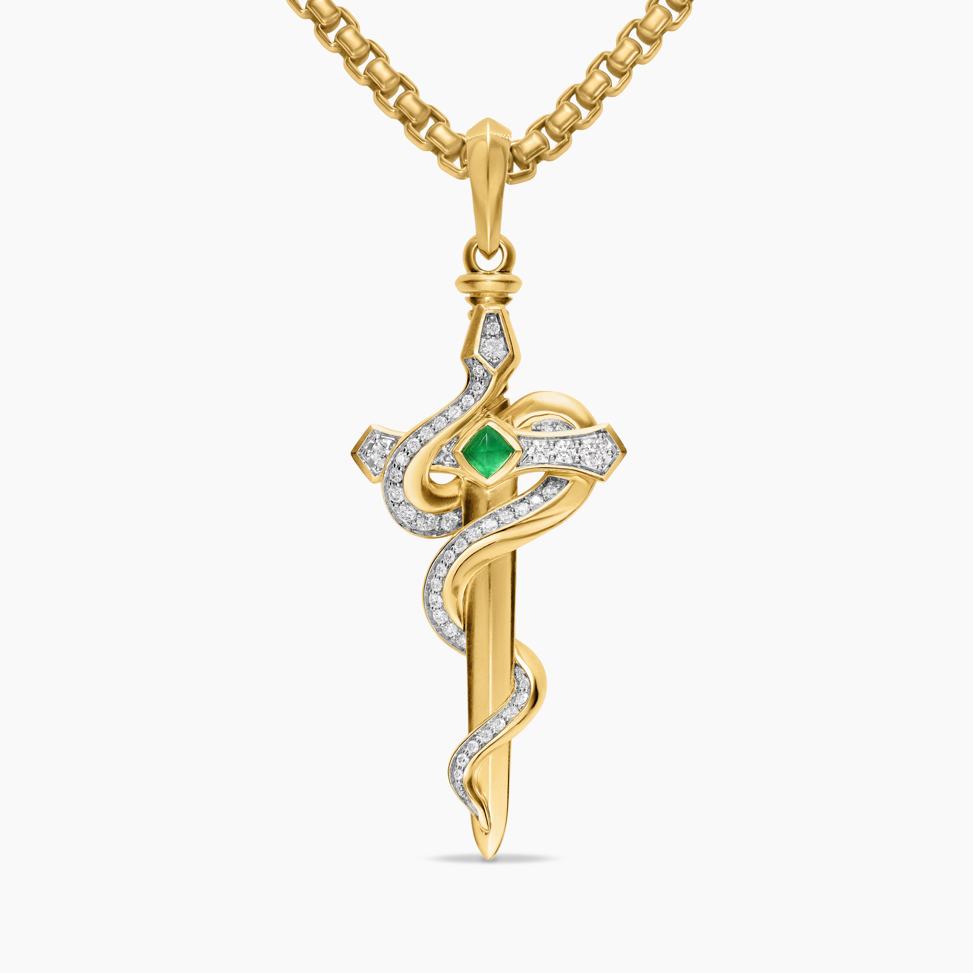 Mens Ouroboros Snake Amulet in 18K Yellow Gold with Emerald and Diamonds, 48mm