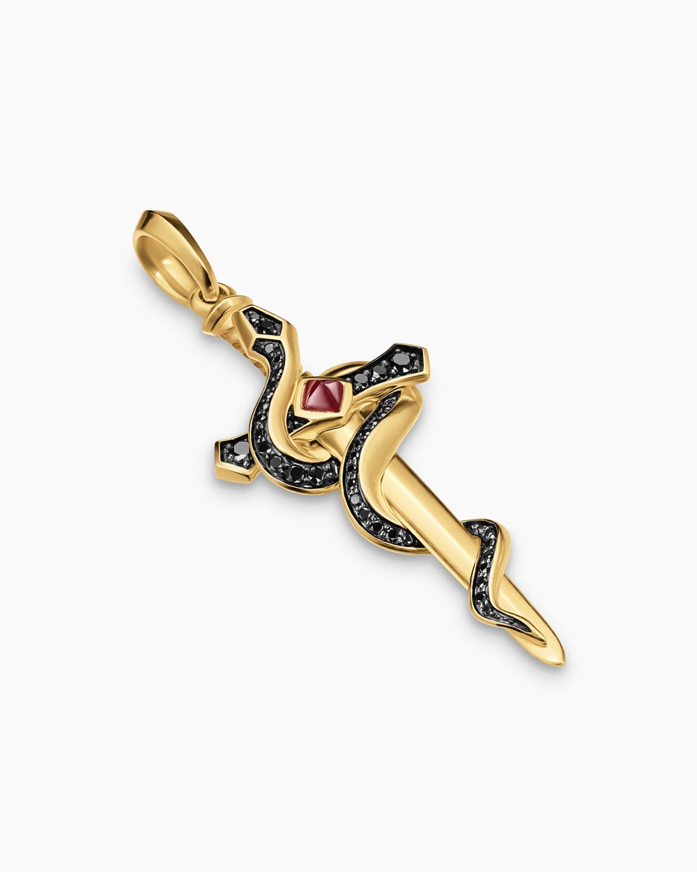 Amulette serpent Ouroboros en or jaune 18 carats avec rubis et diamants noirs, 48 mm hommes