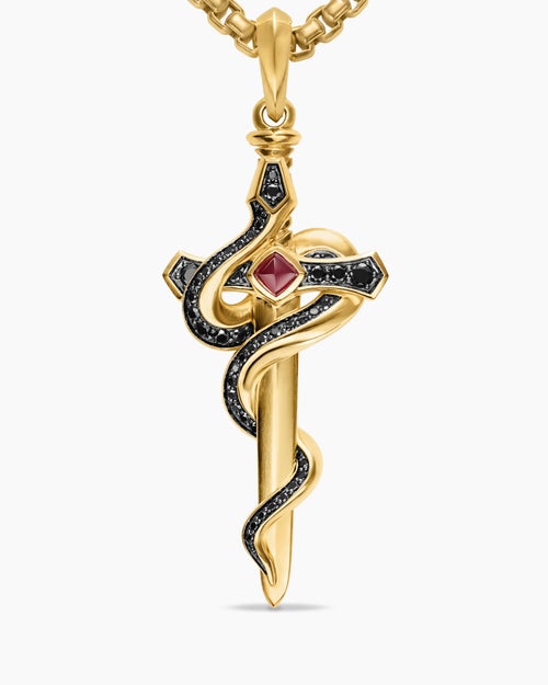 Mens Ouroboros Snake Amulet in 18K Yellow Gold with Ruby and Black Diamonds, 48mm