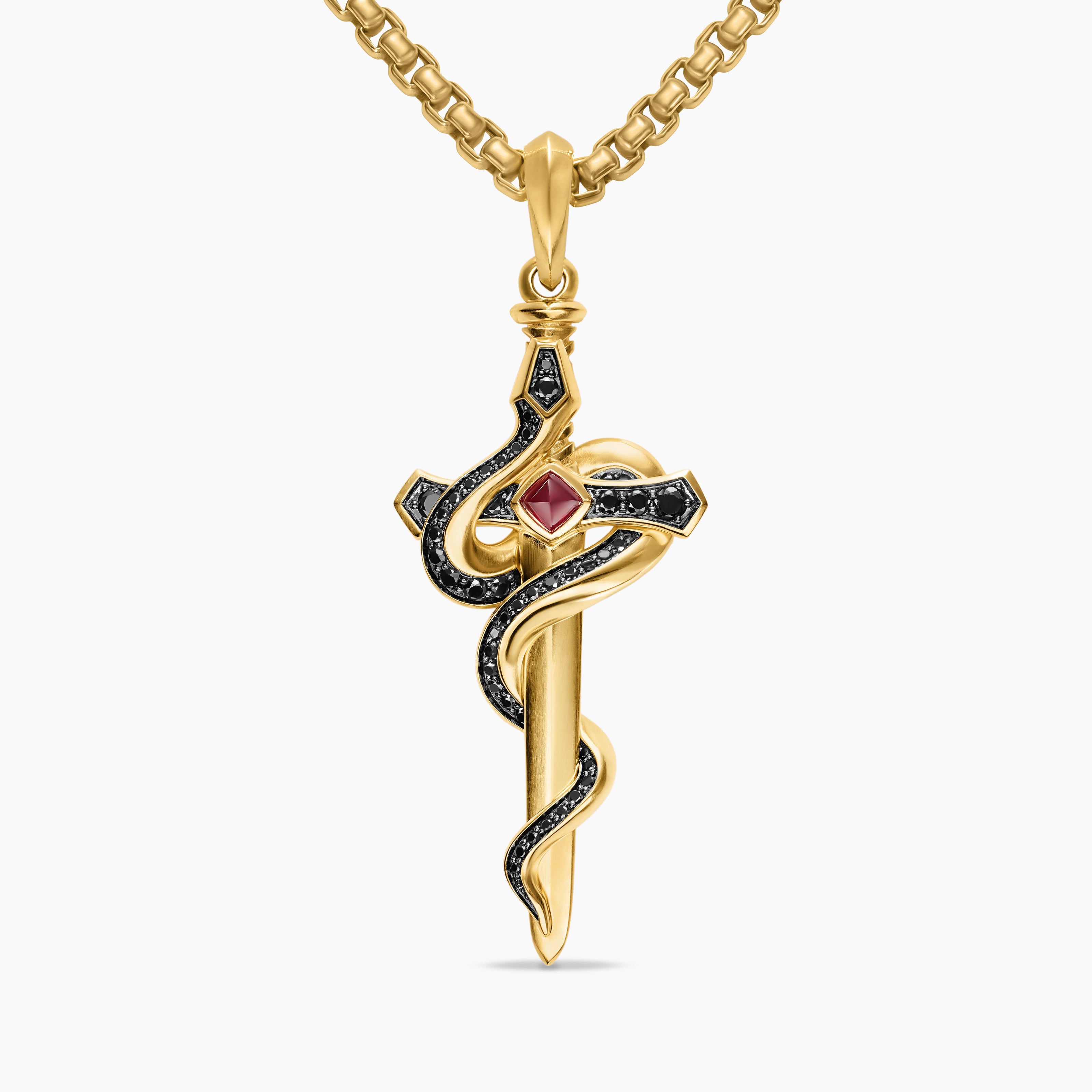 Mens Ouroboros Snake Amulet in 18K Yellow Gold with Ruby and Black Diamonds, 48mm