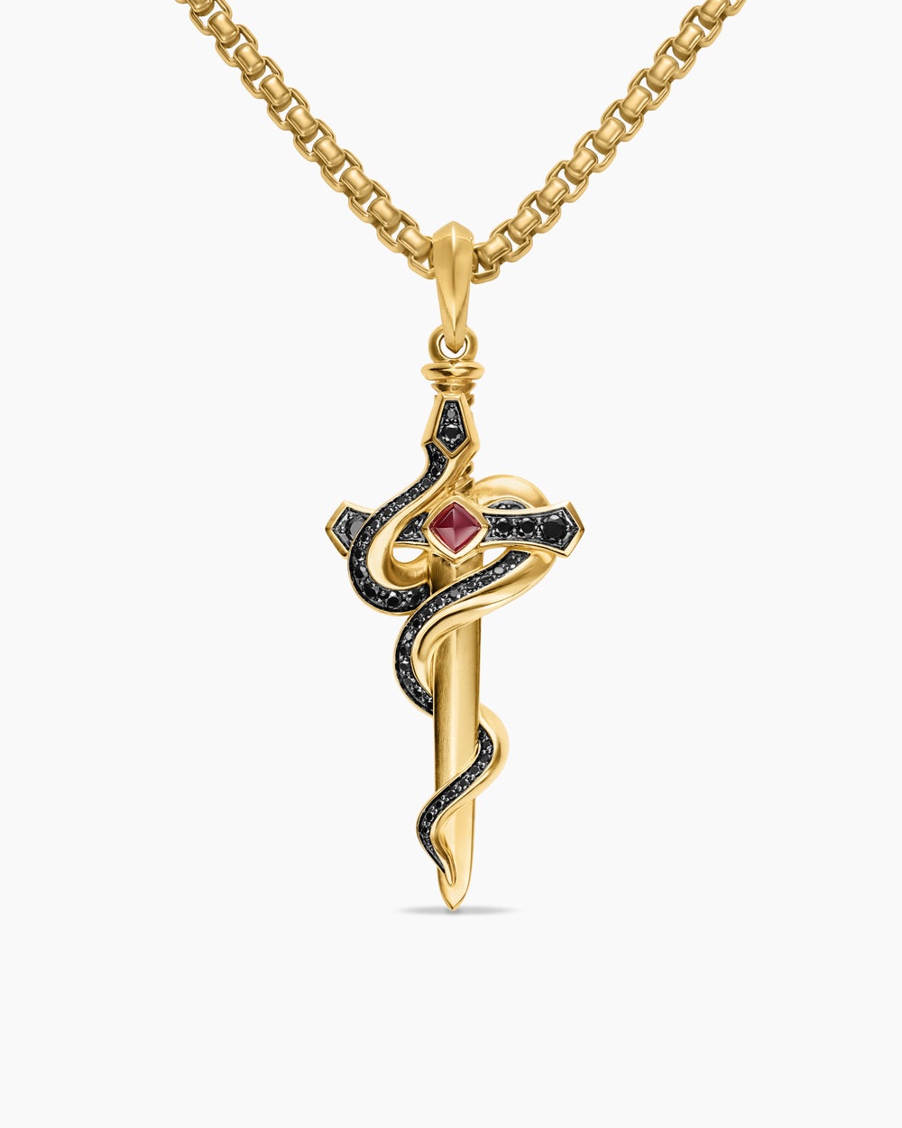 Amulette serpent Ouroboros en or jaune 18 carats avec rubis et diamants noirs, 48 mm hommes