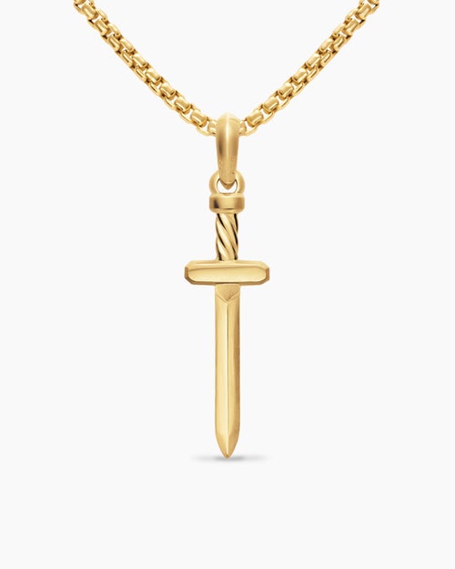 Mens Pavé Sword Amulet in 18K Yellow Gold with Diamonds, 41.3mm