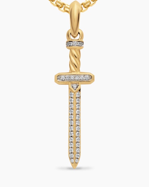 Mens Pavé Sword Amulet in 18K Yellow Gold with Diamonds, 41.3mm