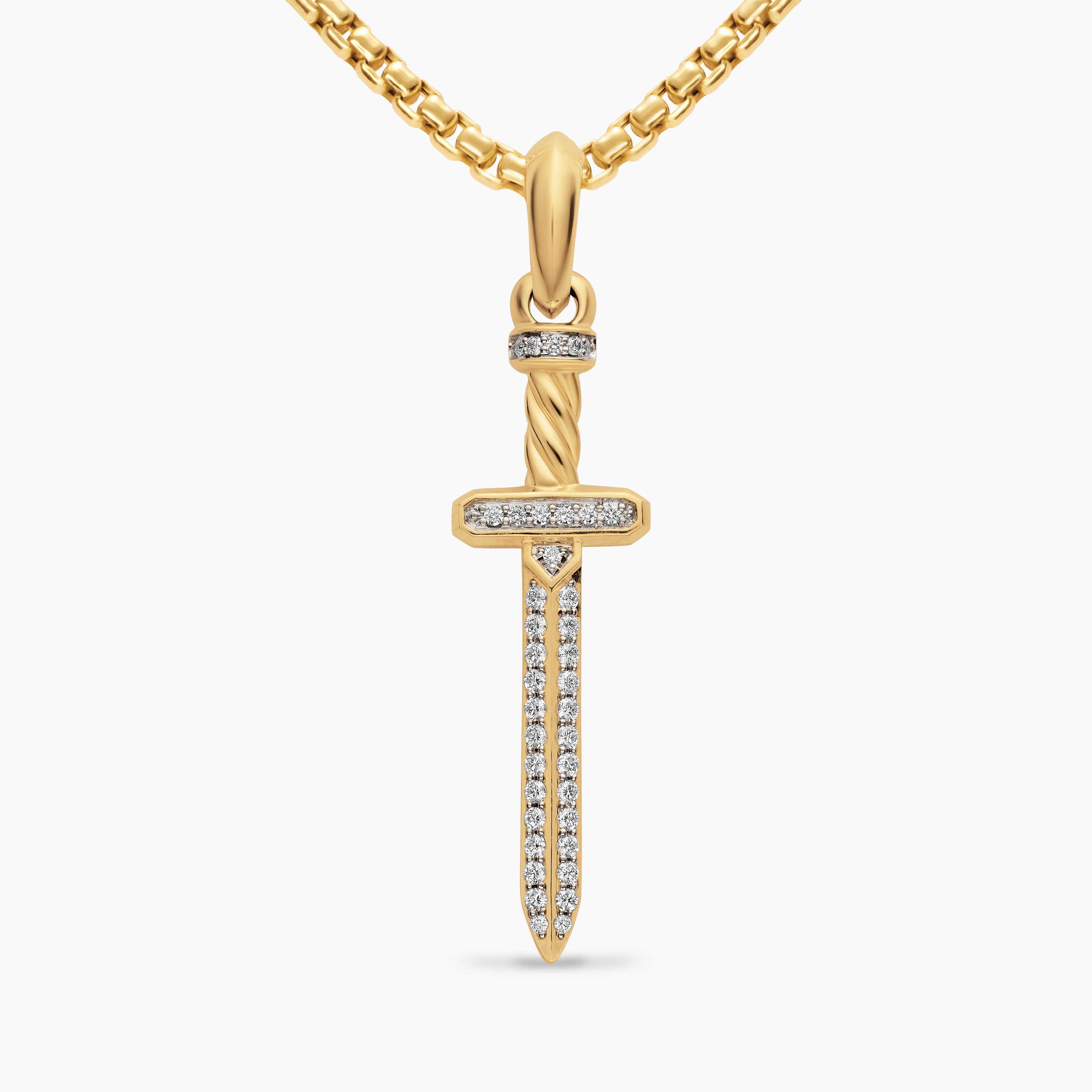 Mens Pav&eacute; Sword Amulet in 18K Yellow Gold with Diamonds, 41.3mm
