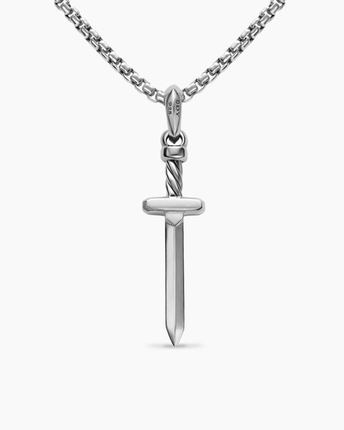 Mens Pavé Sword Amulet in Sterling Silver with Black Diamonds, 41.3mm