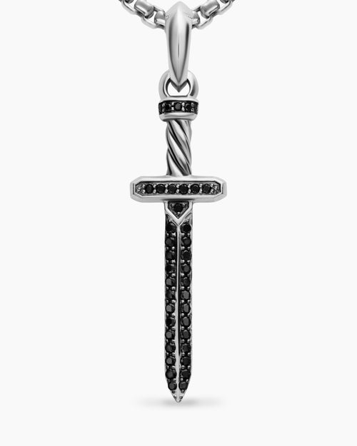 Mens Pavé Sword Amulet in Sterling Silver with Black Diamonds, 41.3mm