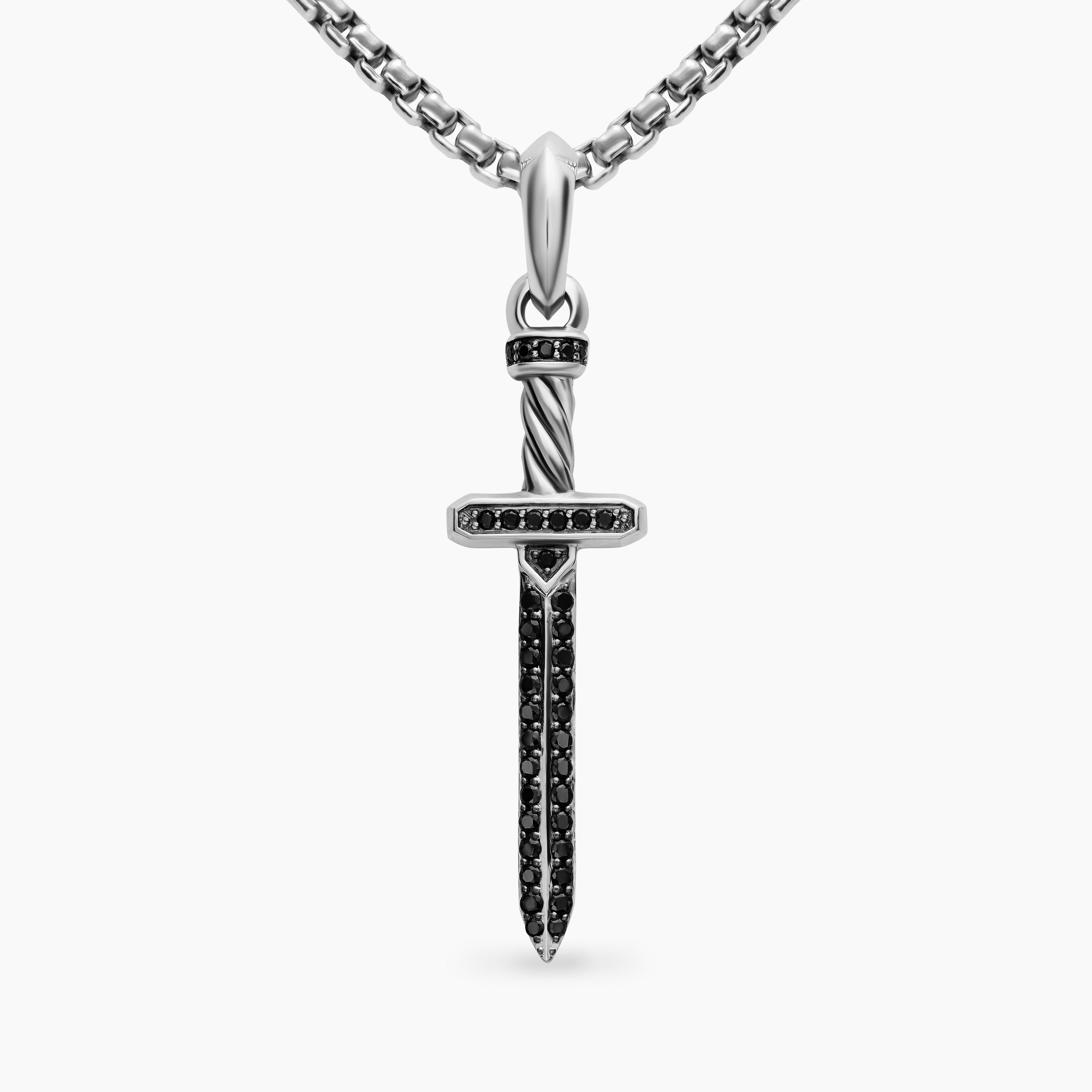Mens Pav&eacute; Sword Amulet in Sterling Silver with Black Diamonds, 41.3mm