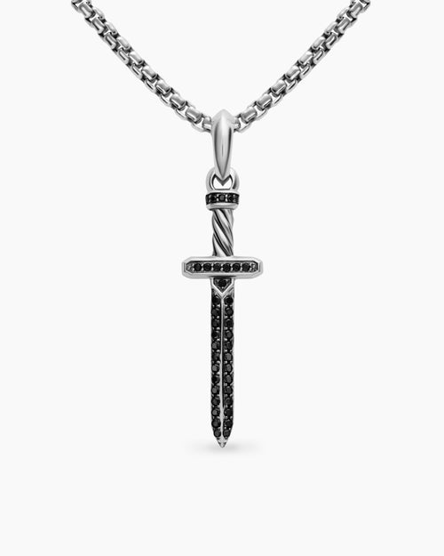 Mens Pavé Sword Amulet in Sterling Silver with Black Diamonds, 41.3mm