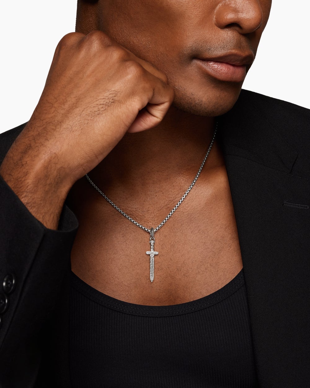 Mens Pavé Sword Amulet in Sterling Silver with Diamonds, 41.3mm