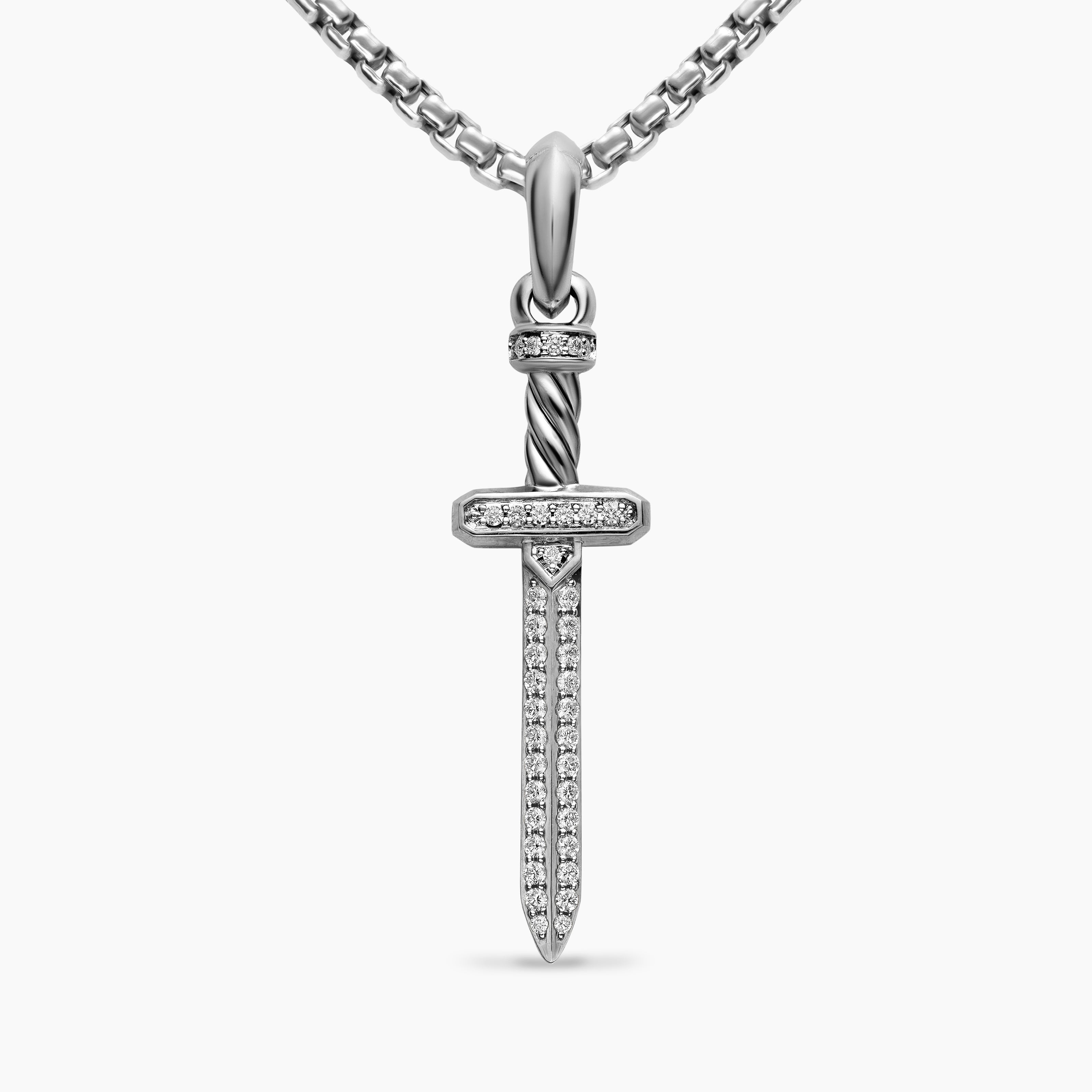 Mens Pav&eacute; Sword Amulet in Sterling Silver with Diamonds, 41.3mm