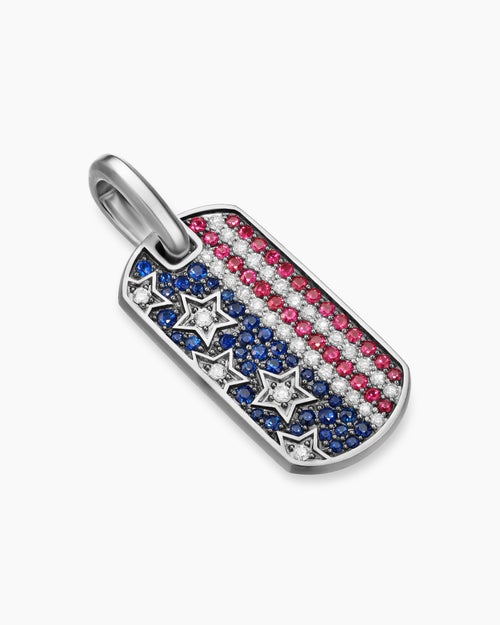 Mens Chevron American Flag Tag in Sterling Silver with Sapphires, Diamonds, and Rubies, 27mm