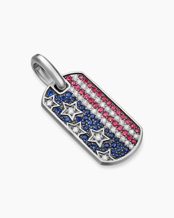 Médaille drapeau américain Chevron en argent sterling avec saphirs, diamants et rubis, 27 mm