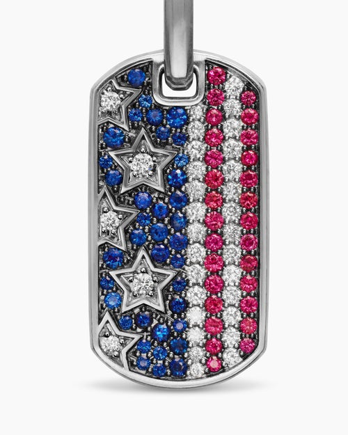 Mens Chevron American Flag Tag in Sterling Silver with Sapphires, Diamonds, and Rubies, 27mm