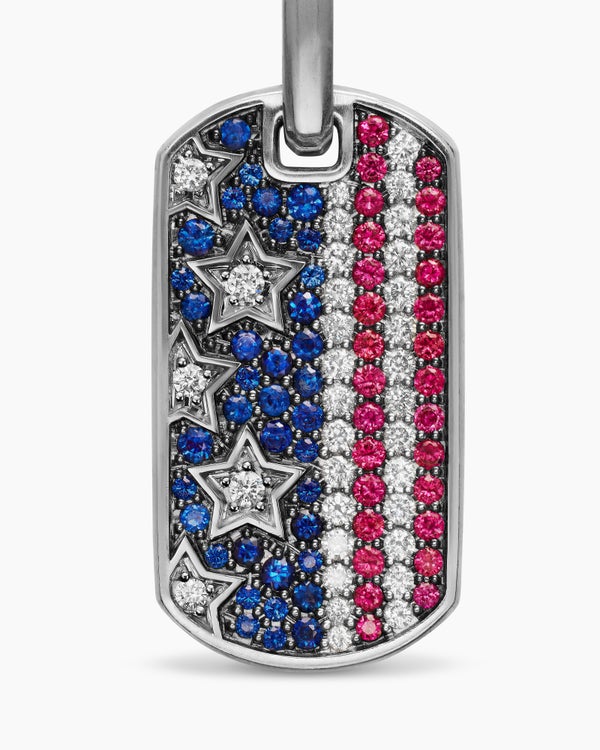 Médaille drapeau américain Chevron en argent sterling avec saphirs, diamants et rubis, 27 mm