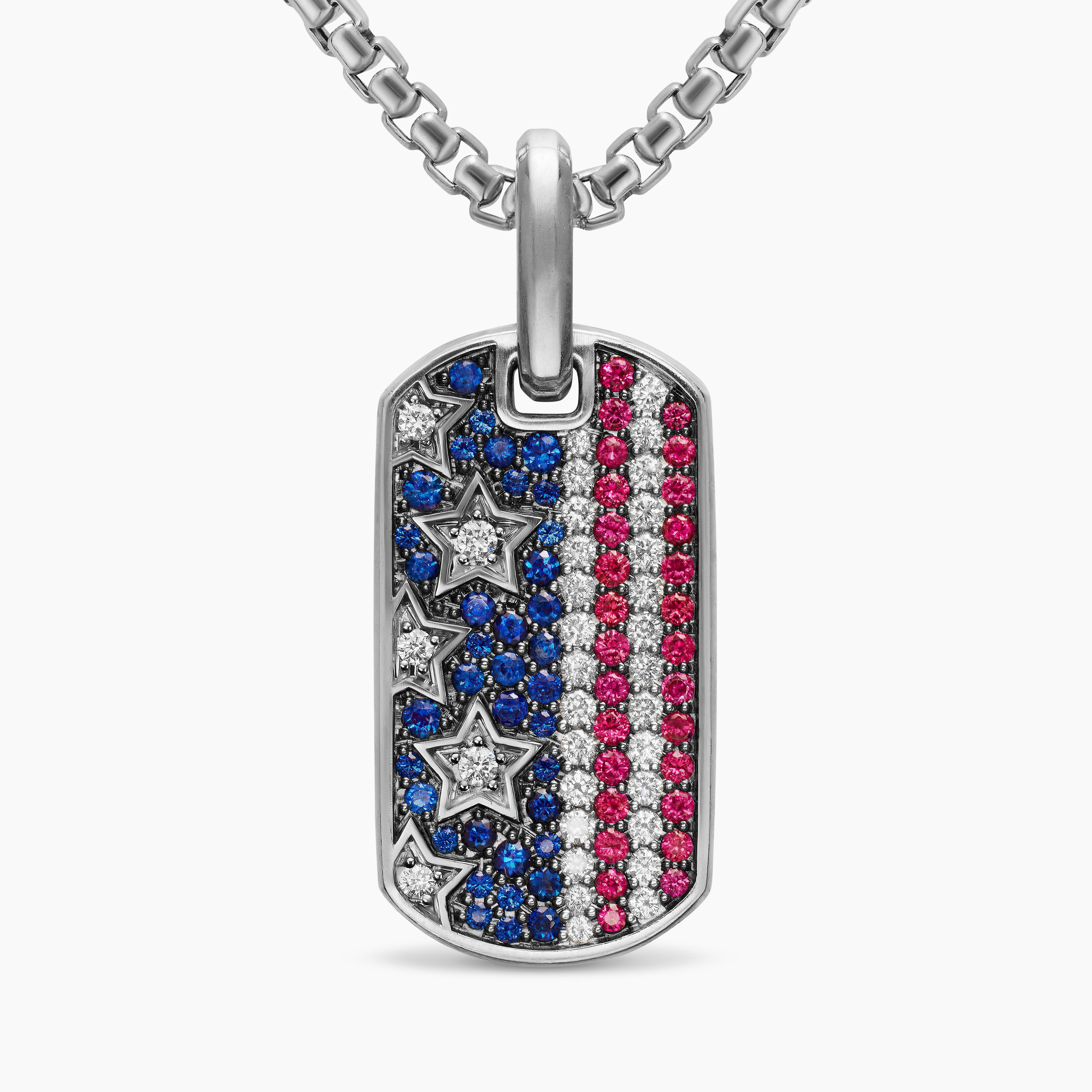 Mens Chevron American Flag Tag in Sterling Silver with Sapphires, Diamonds, and Rubies, 27mm