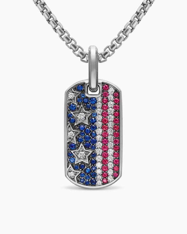 Médaille drapeau américain Chevron en argent sterling avec saphirs, diamants et rubis, 27 mm