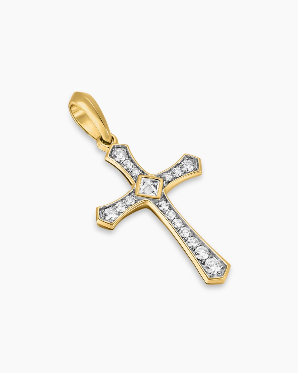 Mens Knife Edge Cross Amulet in 18K Yellow Gold with Diamonds, 33.5mm