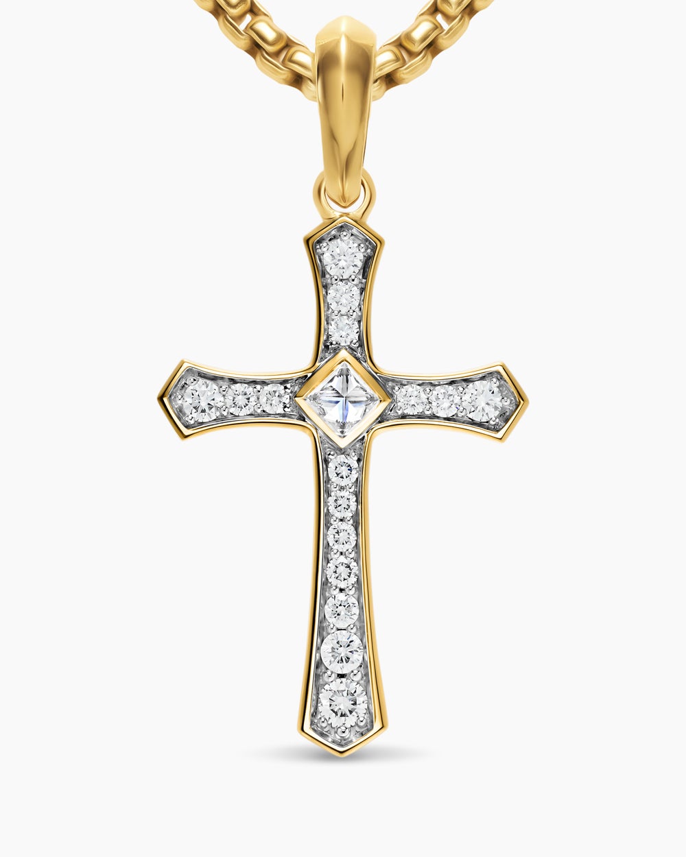 Mens Knife Edge Cross Amulet in 18K Yellow Gold with Diamonds, 33.5mm
