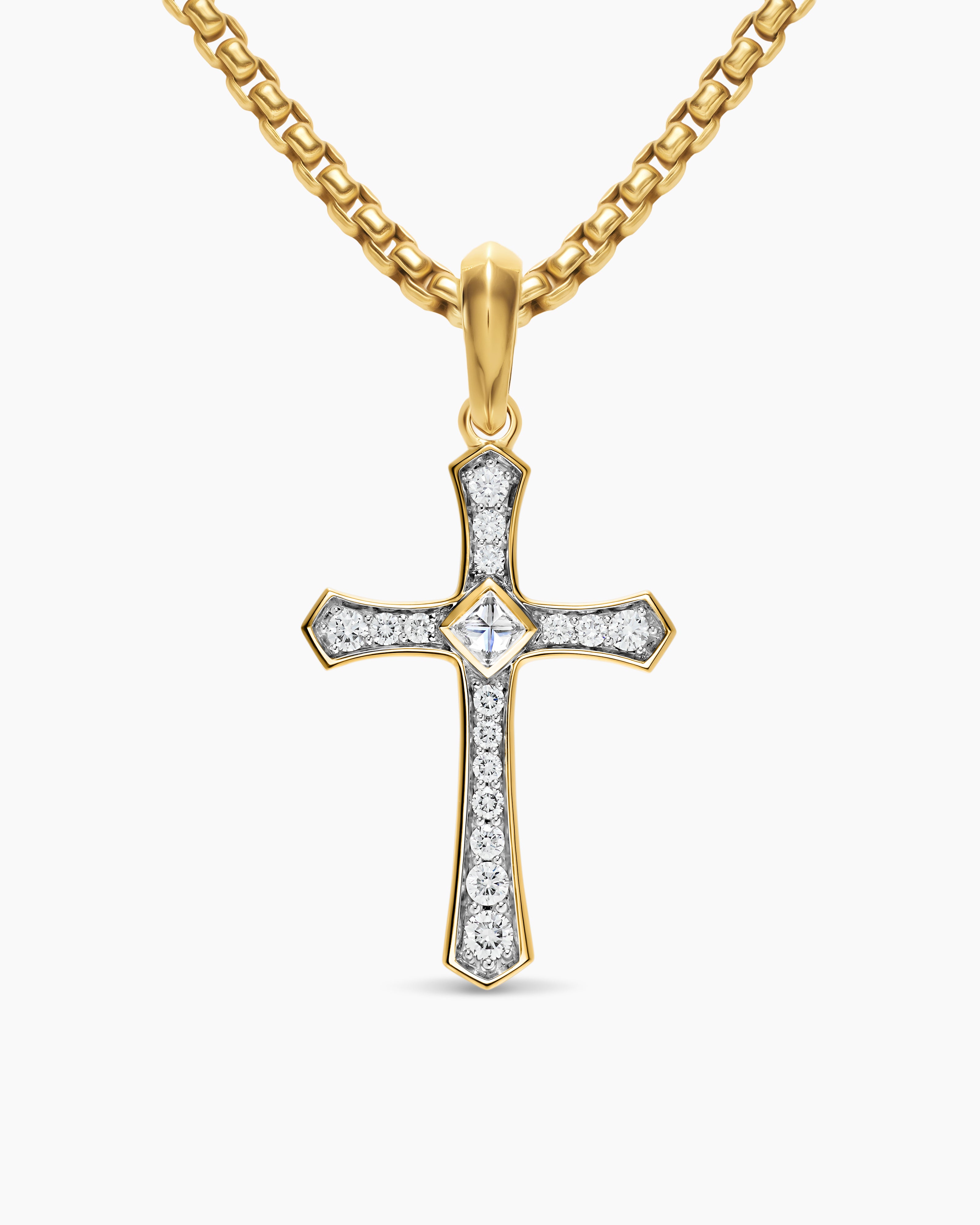 Mens Knife Edge Cross Amulet in 18K Yellow Gold with Diamonds, 33.5mm