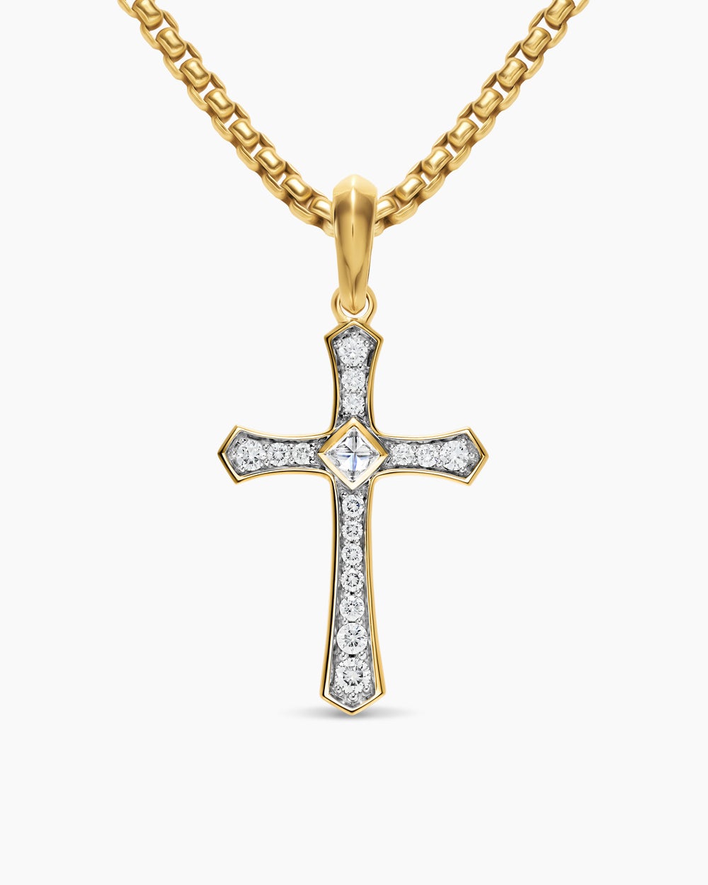Mens Knife Edge Cross Amulet in 18K Yellow Gold with Diamonds, 33.5mm