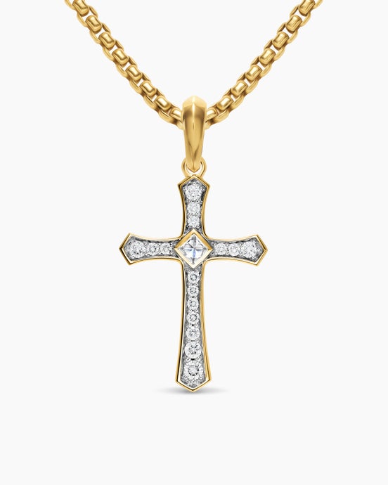 Knife Edge Cross Amulet in 18K Yellow Gold with Diamonds, 33.5mm