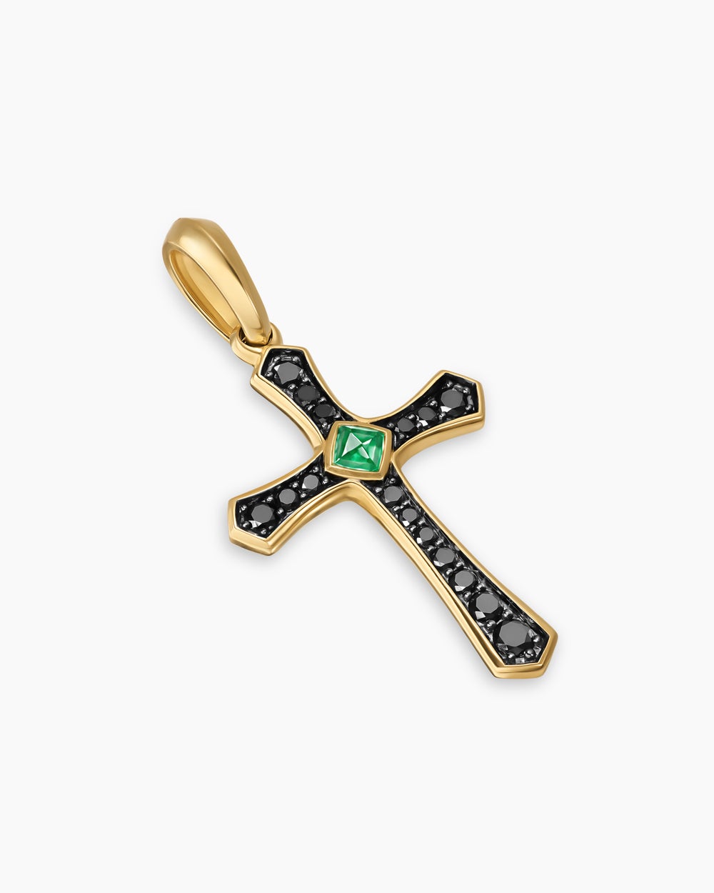 Mens Knife Edge Cross Amulet in 18K Yellow Gold with Emerald and Black Diamonds, 33.5mm