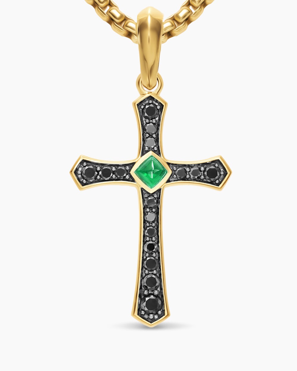 Mens Knife Edge Cross Amulet in 18K Yellow Gold with Emerald and Black Diamonds, 33.5mm