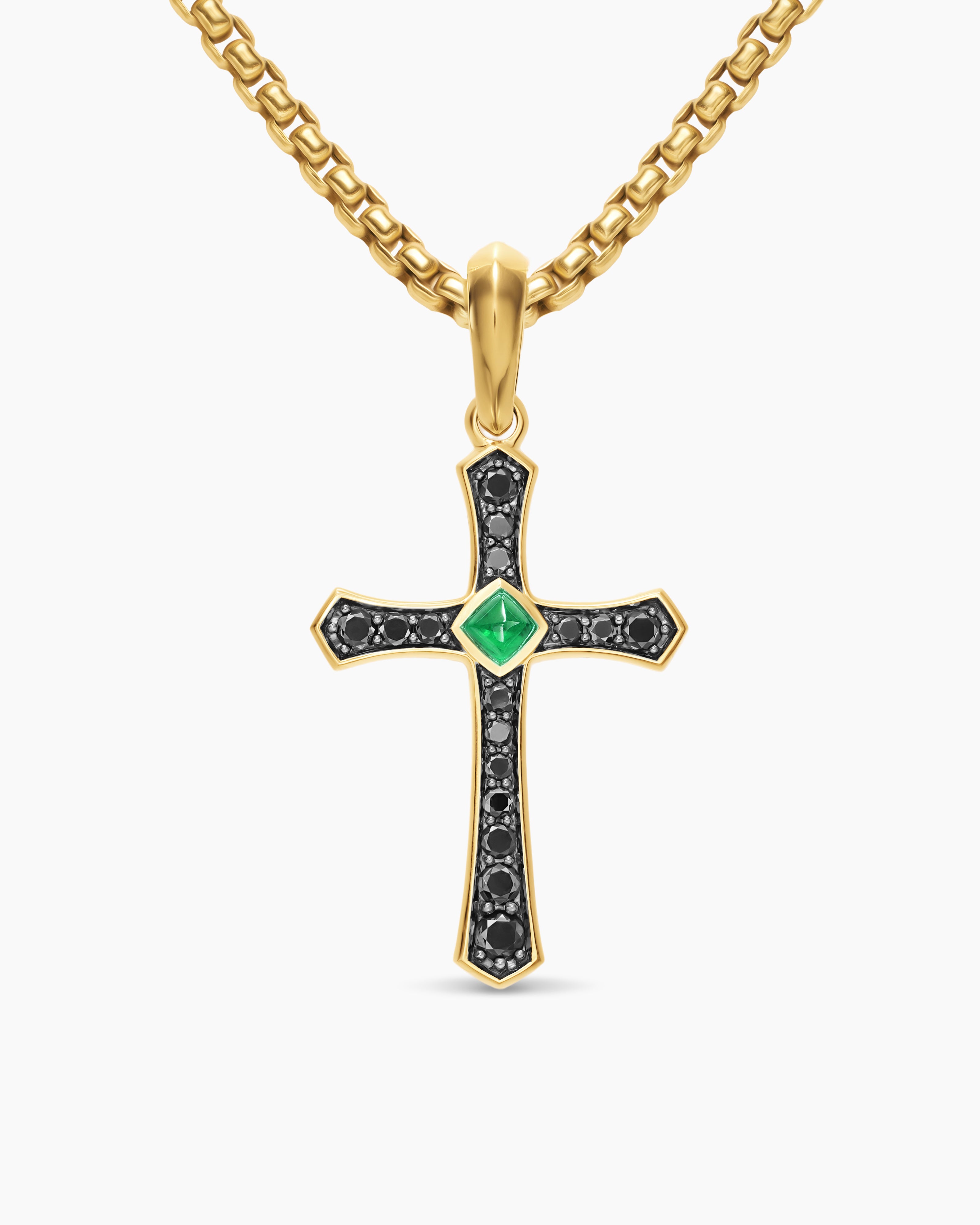 Mens Knife Edge Cross Amulet in 18K Yellow Gold with Emerald and Black Diamonds, 33.5mm